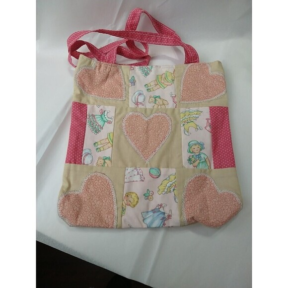 Handmade New Quilted Square Pink Creme Hearts Paper Doll Book Bag/ Library Bag. - Picture 6 of 11